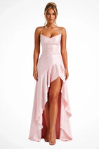 Polly | Women's Cowl Neck Ruffle Wedding Guest Maxi Dress with Spaghetti Straps