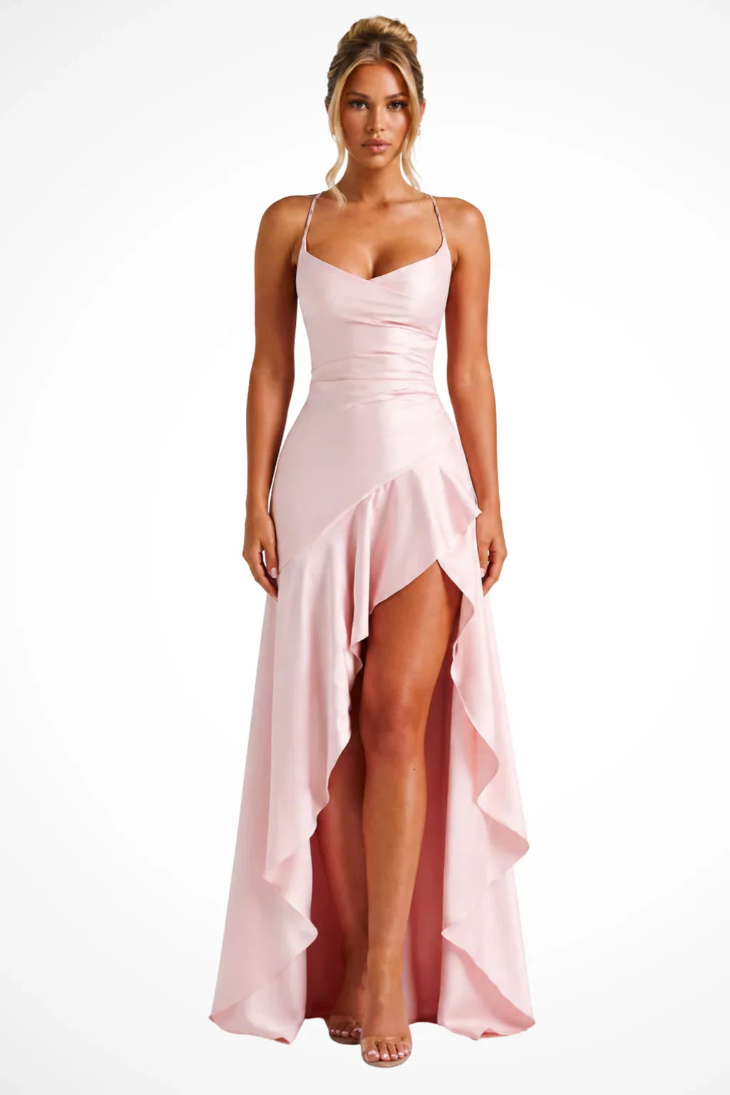 Polly | Women's Cowl Neck Ruffle Wedding Guest Maxi Dress with Spaghetti Straps