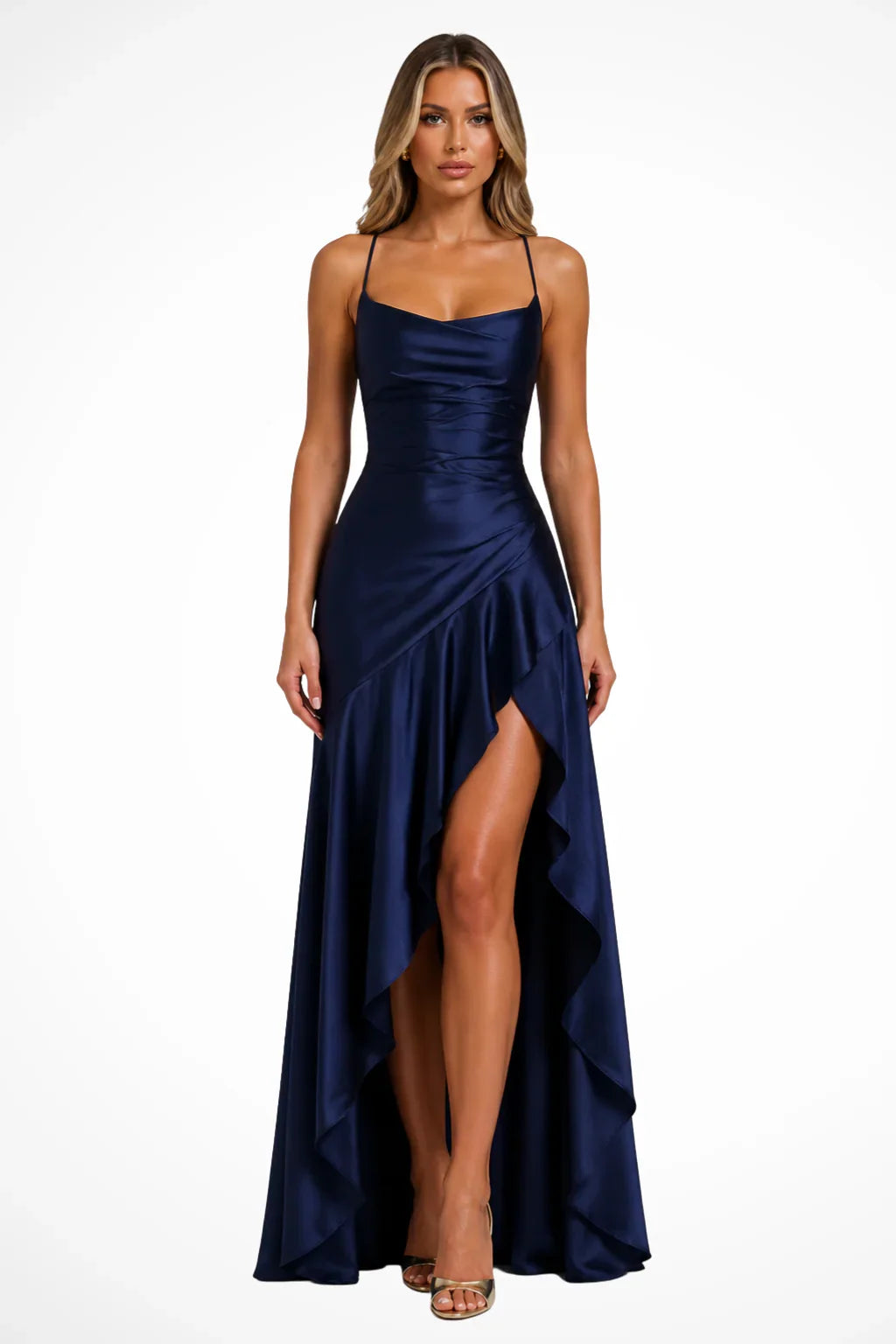 Polly | Women's Cowl Neck Ruffle Wedding Guest Maxi Dress with Spaghetti Straps