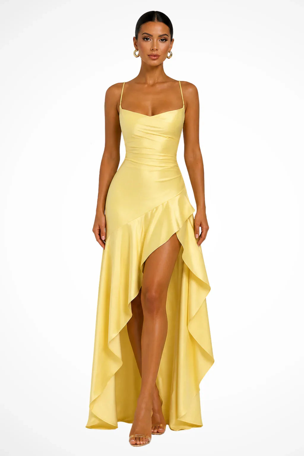 Polly | Women's Cowl Neck Ruffle Wedding Guest Maxi Dress with Spaghetti Straps