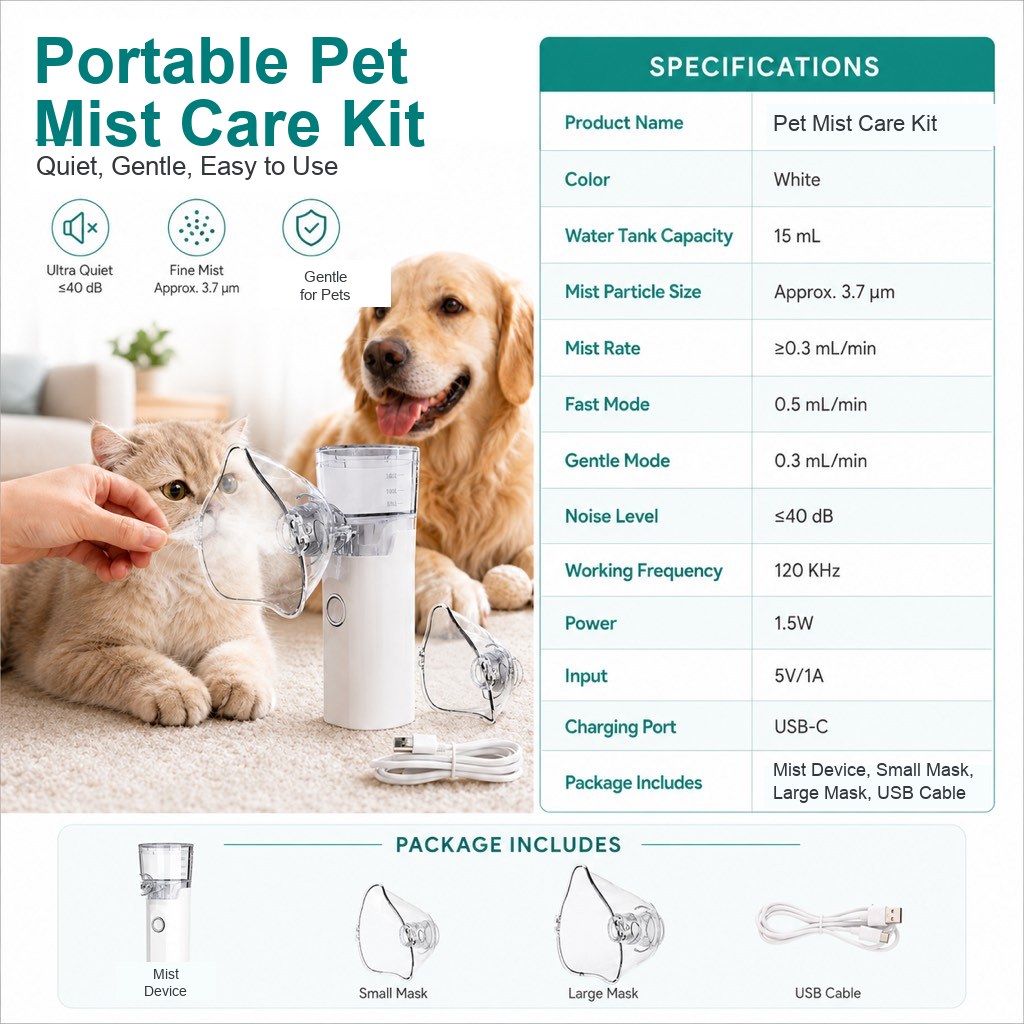 Portable Pet Nebulizer Care Kit for Cats & Dogs - Quiet Mist Device for Senior & Sensitive Pets