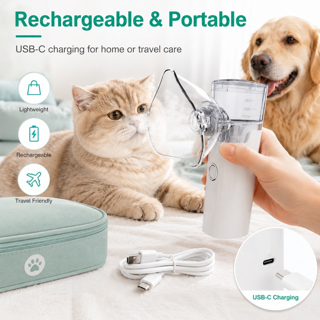 Portable Pet Nebulizer Care Kit for Cats & Dogs - Quiet Mist Device for Senior & Sensitive Pets