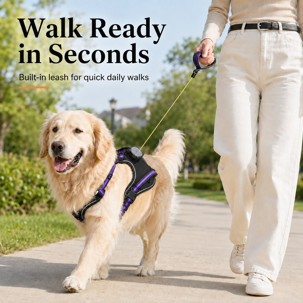 2-in-1 Reflective Dog Harness with Built-In Retractable Leash for Daily Walks - Close Control for Pulling Dogs