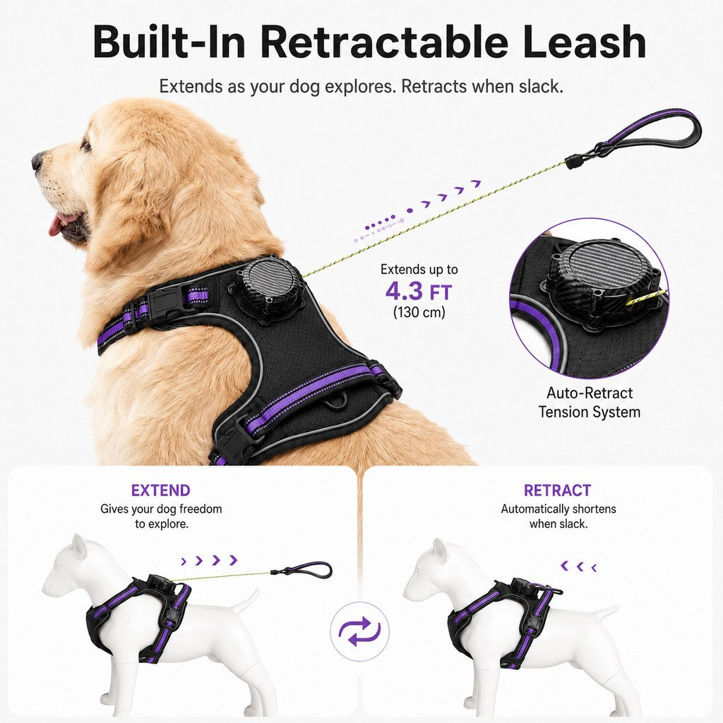 2-in-1 Reflective Dog Harness with Built-In Retractable Leash for Daily Walks - Close Control for Pulling Dogs