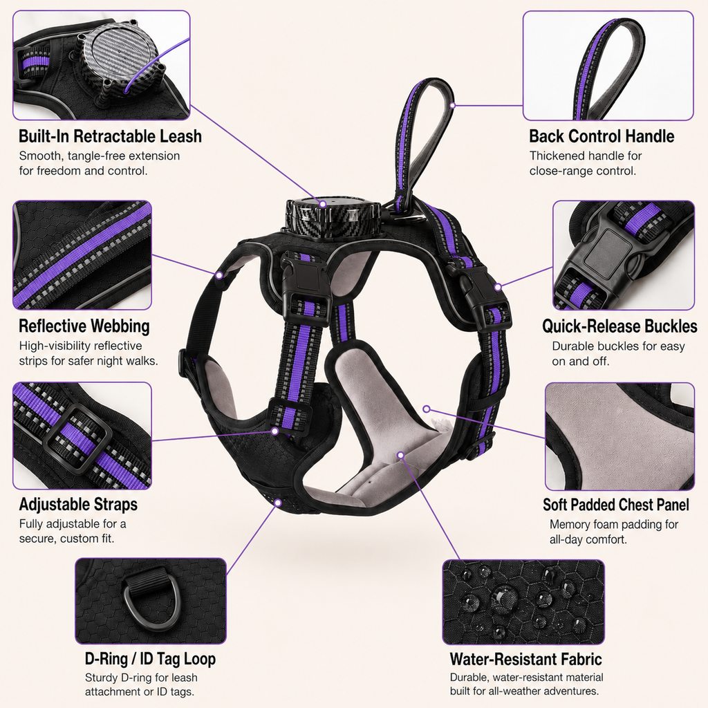 2-in-1 Reflective Dog Harness with Built-In Retractable Leash for Daily Walks - Close Control for Pulling Dogs
