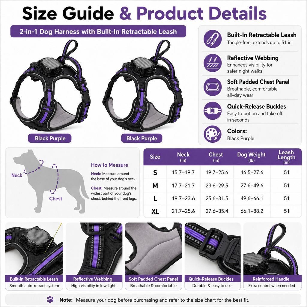 2-in-1 Reflective Dog Harness with Built-In Retractable Leash for Daily Walks - Close Control for Pulling Dogs