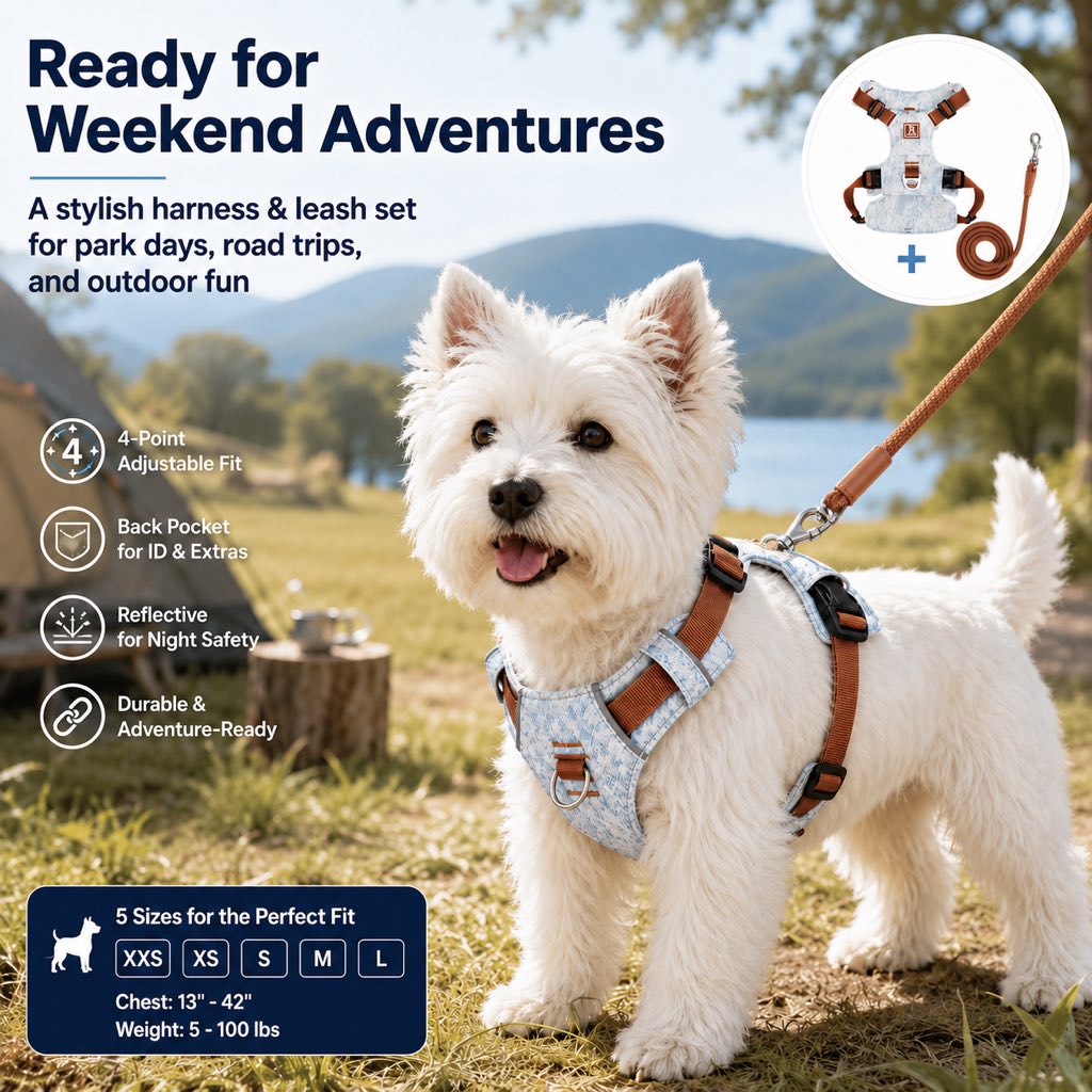 Vintage Denim No-Pull Dog Harness &5 ft Rope Leash Set - Soft Adjustable Vest for Everyday Walks, Better Control & Low-Light Visibility