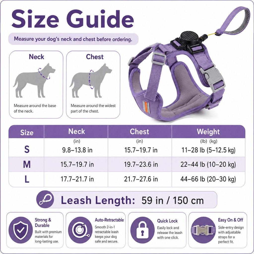2-in-1 Retractable Dog Harness for Daily Walks - Built-In Leash Vest with Auto-Stop Control for Small & Medium Dogs