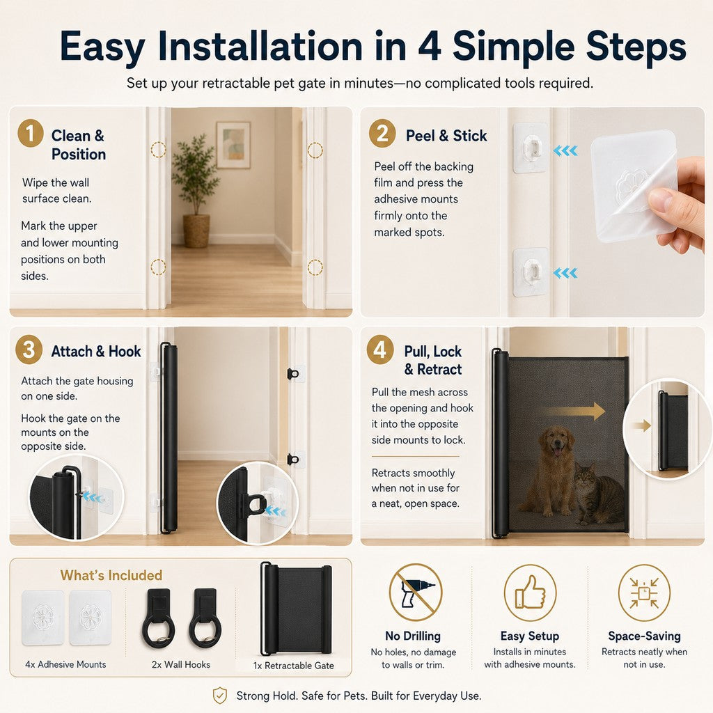 No-Drill Retractable Pet Gate for Doorways, Kitchens & Stairs - Keep Cats and Dogs Safely Out of Off-Limit Areas