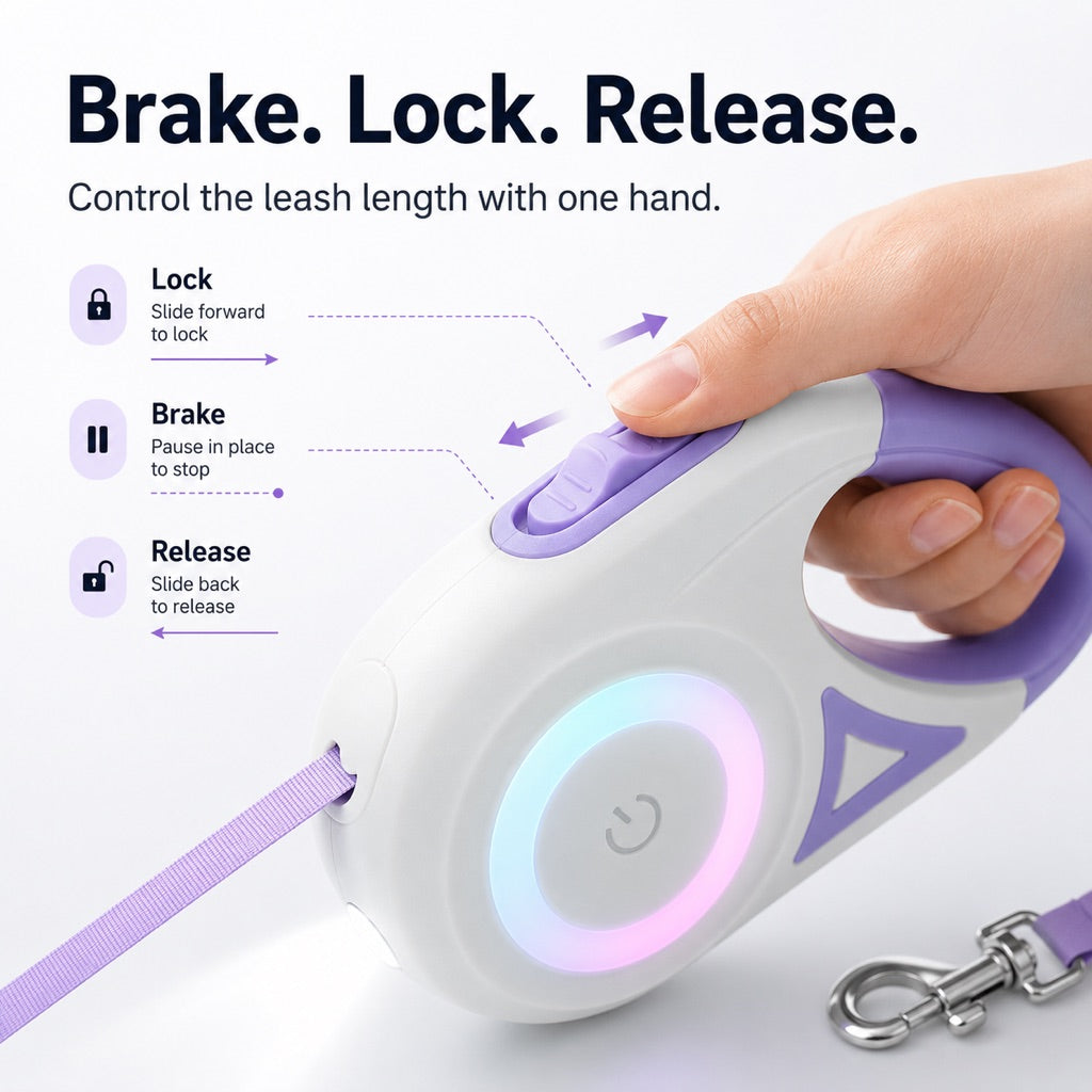 LED Retractable Dog Leash for Night Walks - Light-Up Dog Leash with Built-In Spotlight, RGB Side Glow & One-Touch Brake for Safer Evening Walks