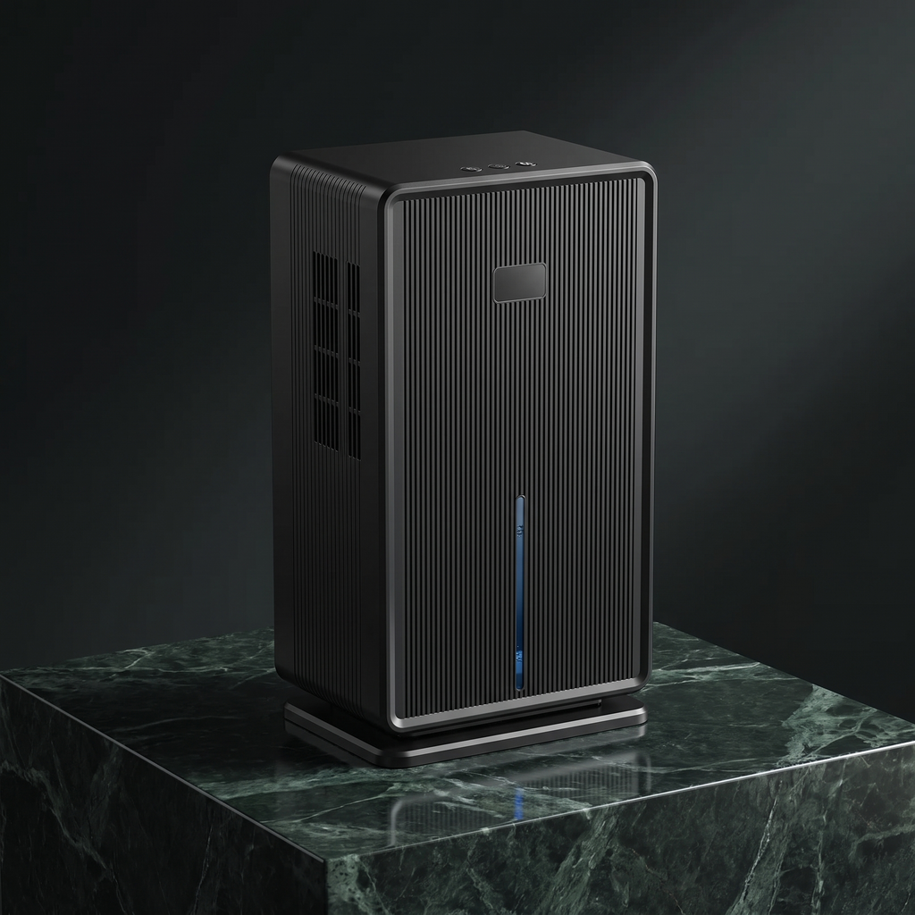 Ribbed compact dehumidifier in black on a green marble plinth