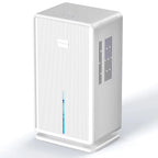 Ribbed compact dehumidifier in white, side view