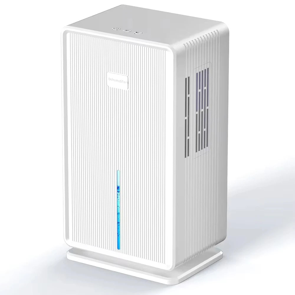 Ribbed compact dehumidifier in white, side view