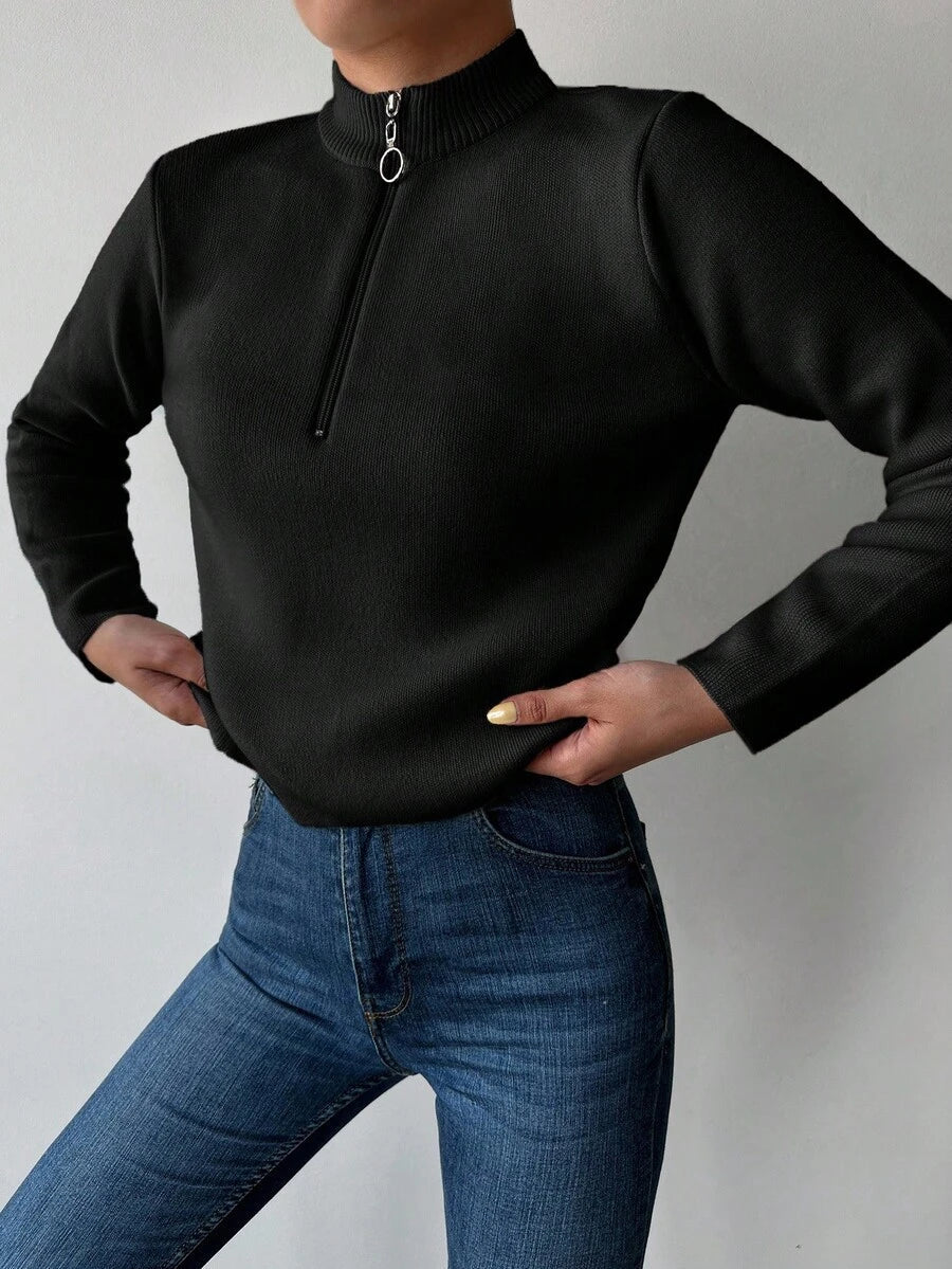 Ribbed Mock Neck Half Zip Pullover