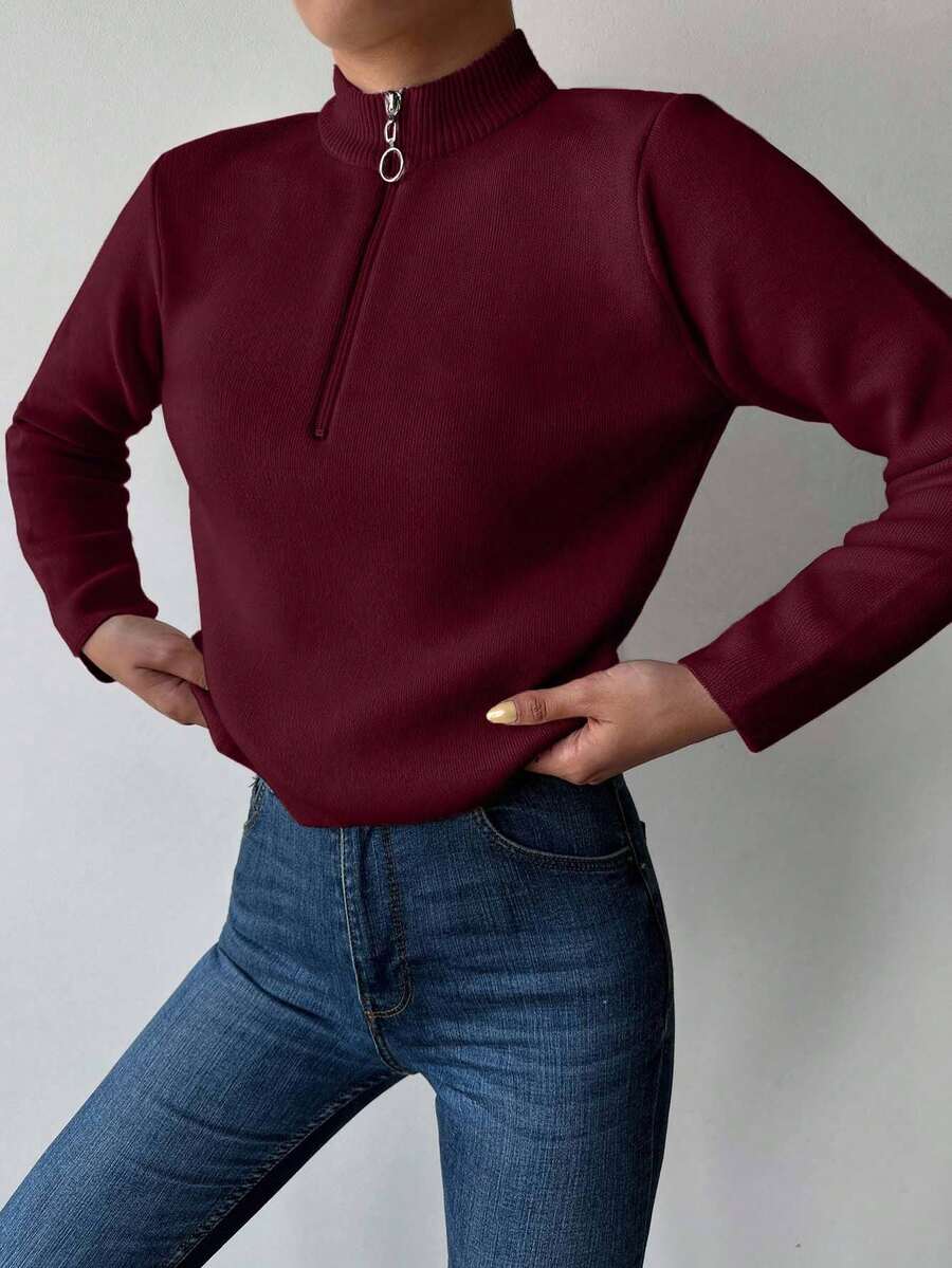 Ribbed Mock Neck Half Zip Pullover