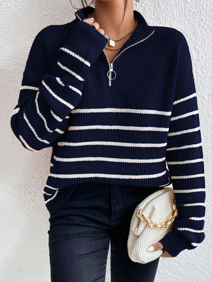 Ribbed Stripe Half Zip Jumper with Ring Pull