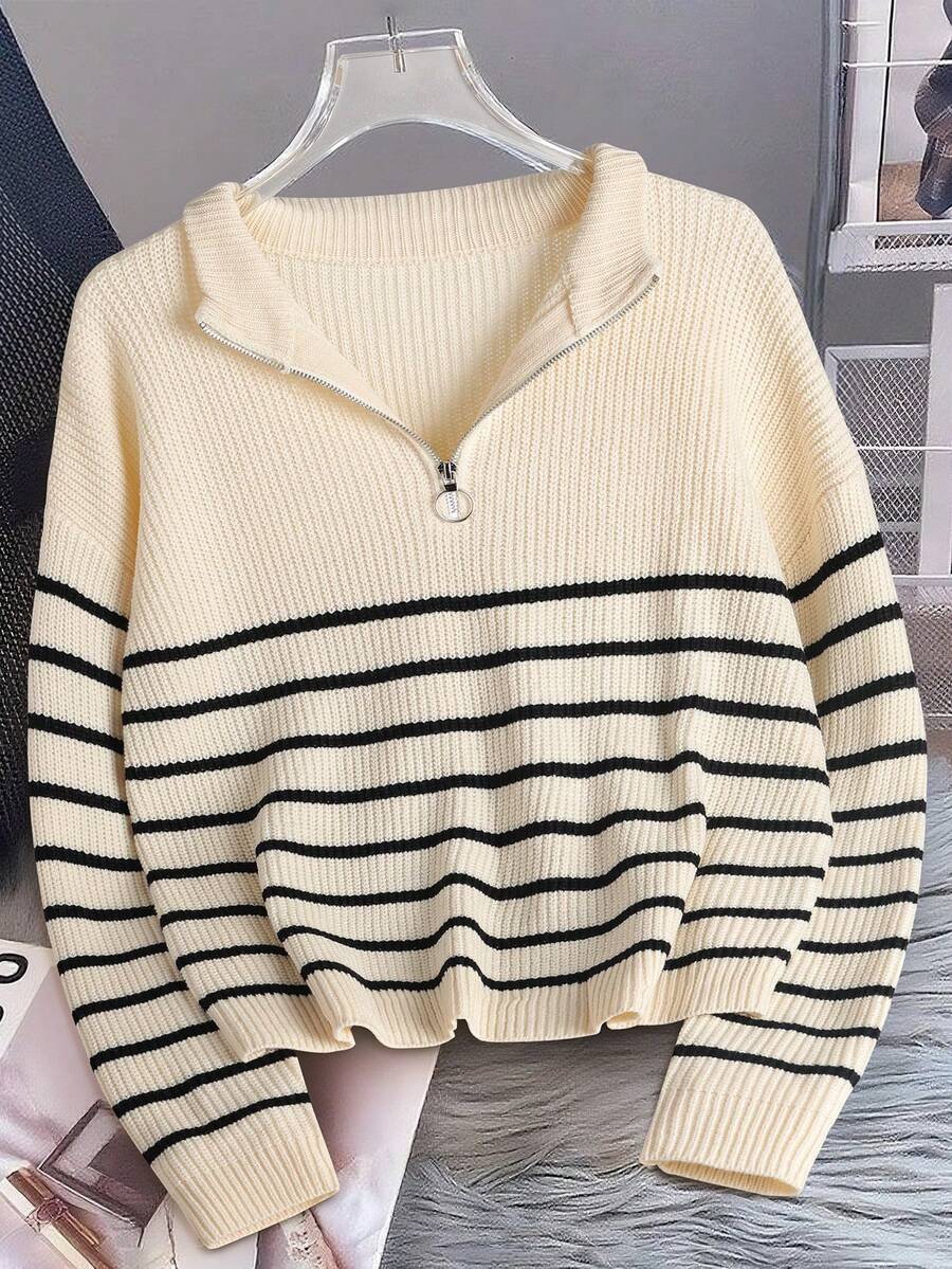 Ribbed Stripe Half Zip Jumper with Ring Pull
