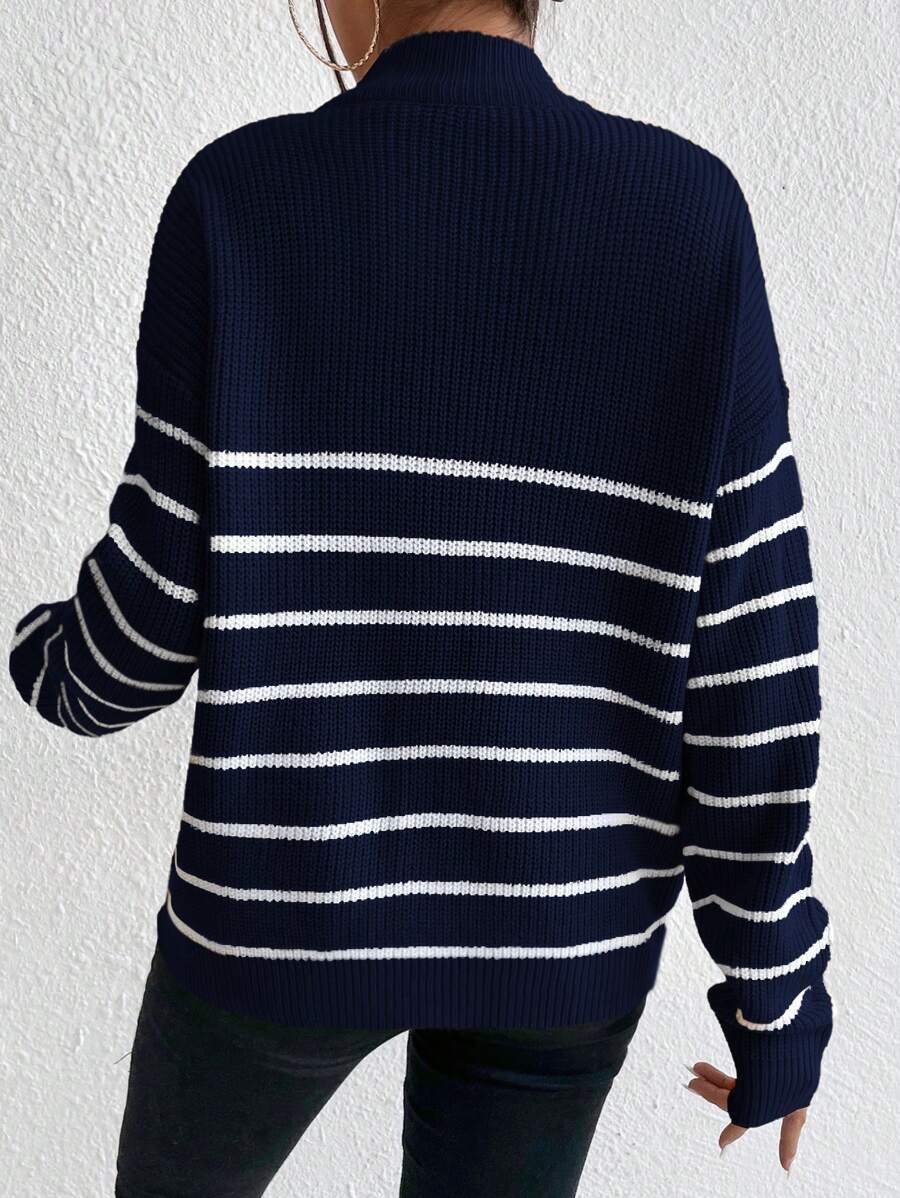 Ribbed Stripe Half Zip Jumper with Ring Pull