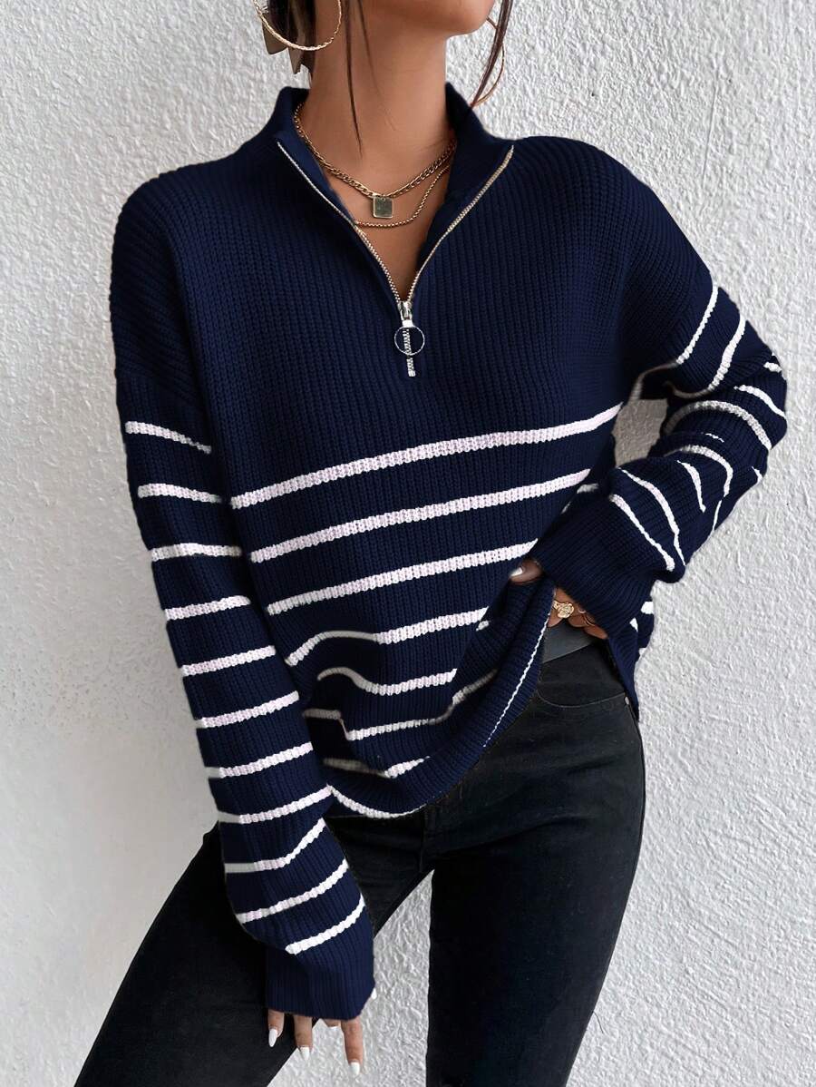 Ribbed Stripe Half Zip Jumper with Ring Pull
