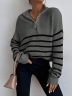 Ribbed Stripe Half Zip Jumper with Ring Pull