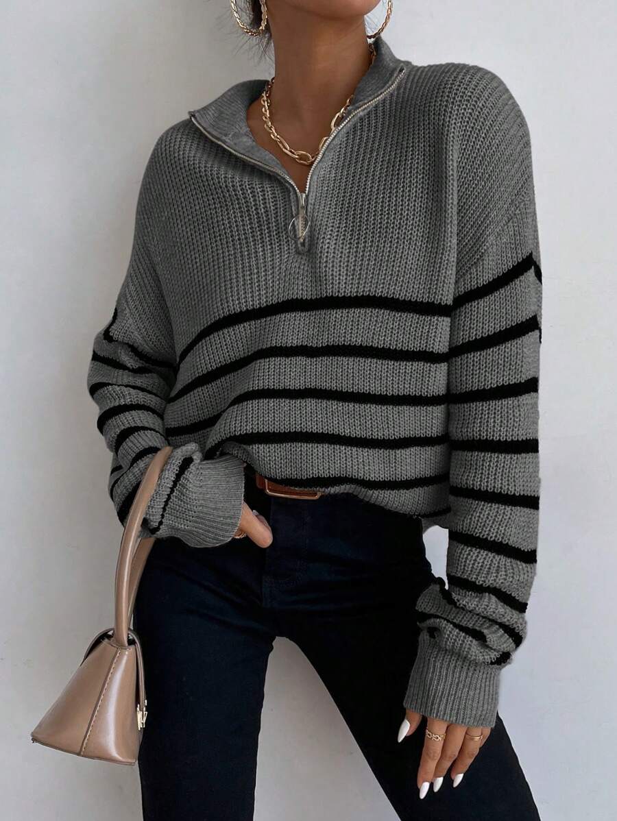 Ribbed Stripe Half Zip Jumper with Ring Pull