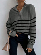 Ribbed Stripe Half Zip Jumper with Ring Pull