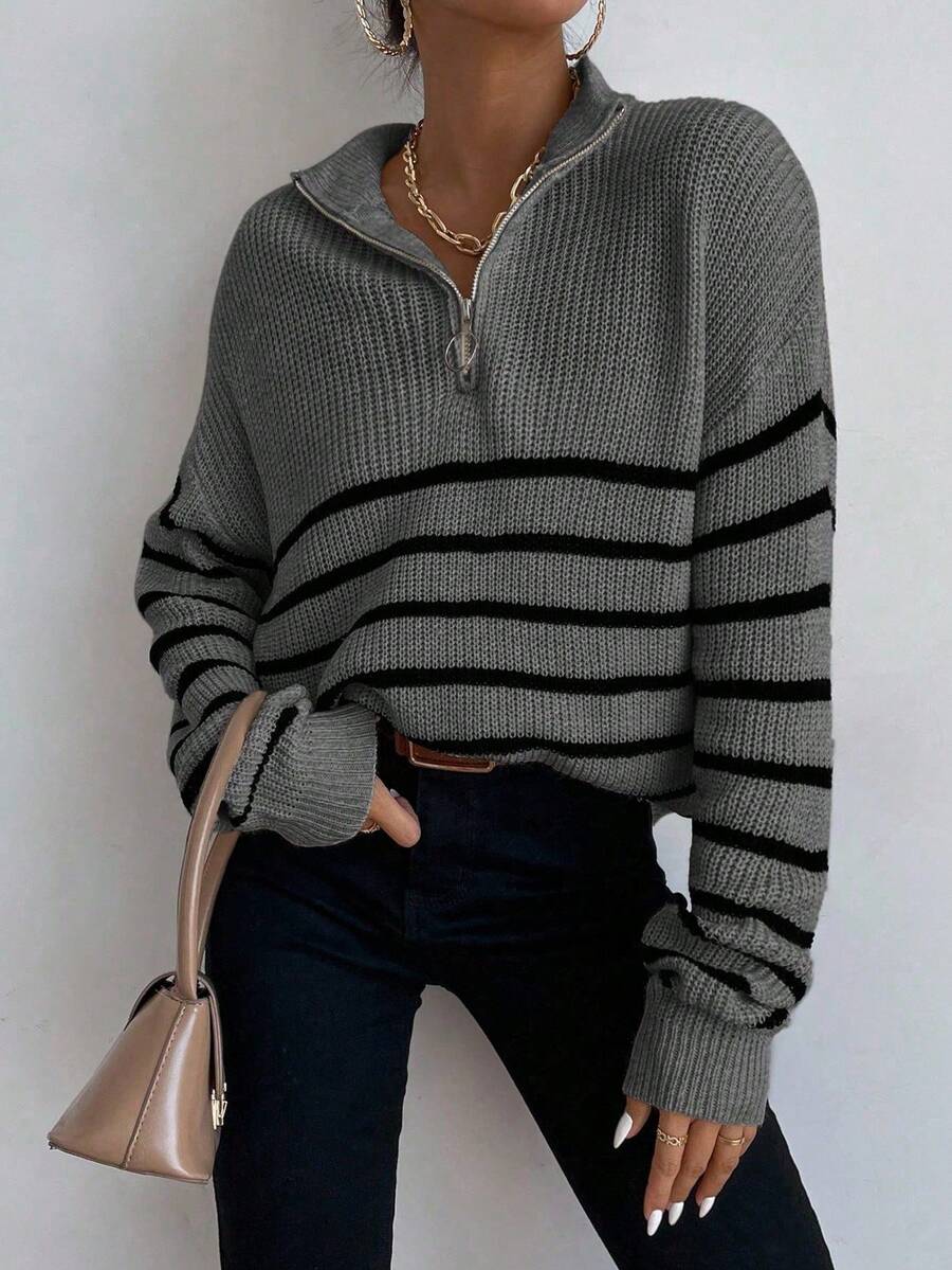 Ribbed Stripe Half Zip Jumper with Ring Pull