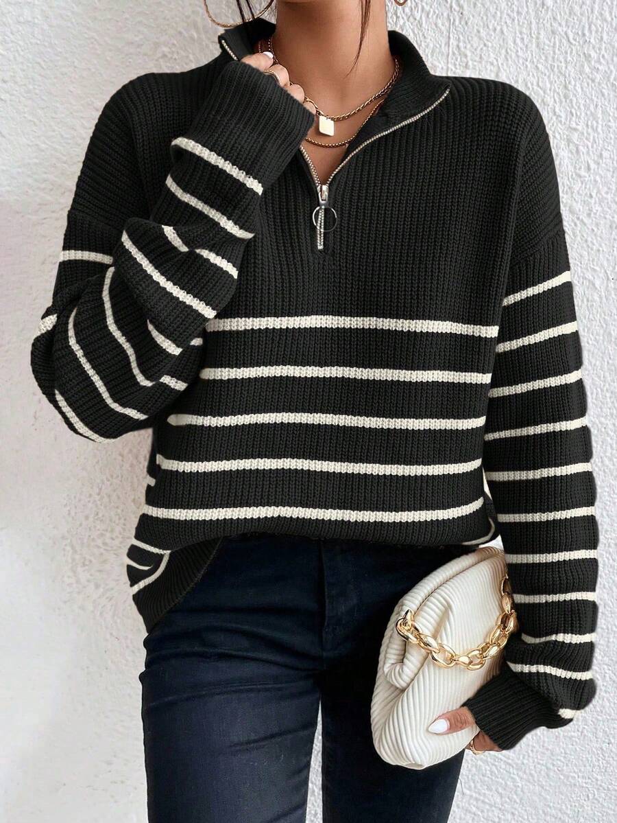 Ribbed Stripe Half Zip Jumper with Ring Pull