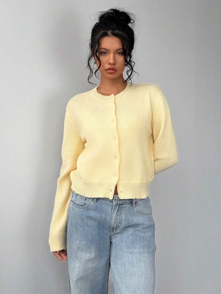 Round Neck Cropped Button Front Cardigan