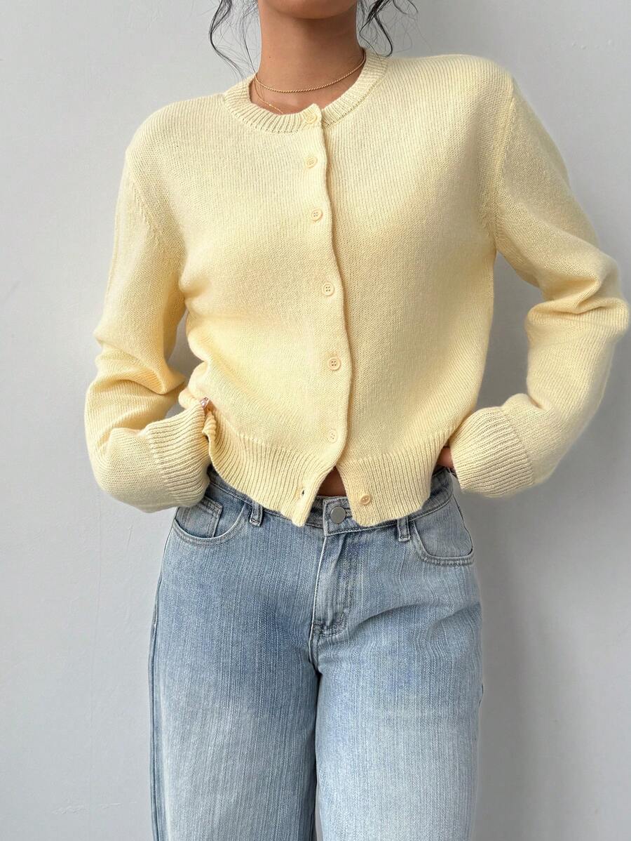 Round Neck Cropped Button Front Cardigan