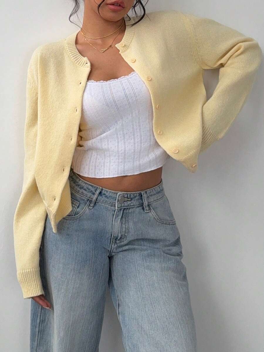 Round Neck Cropped Button Front Cardigan