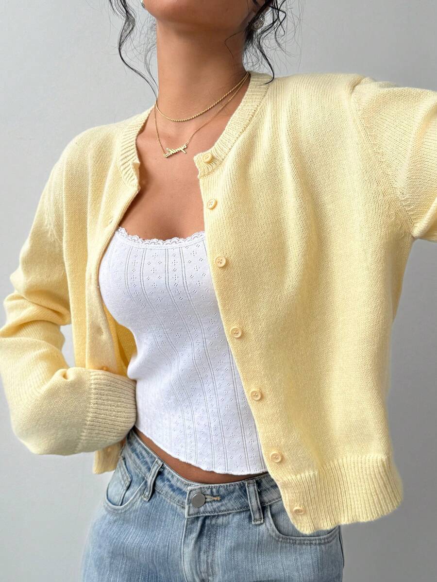Round Neck Cropped Button Front Cardigan