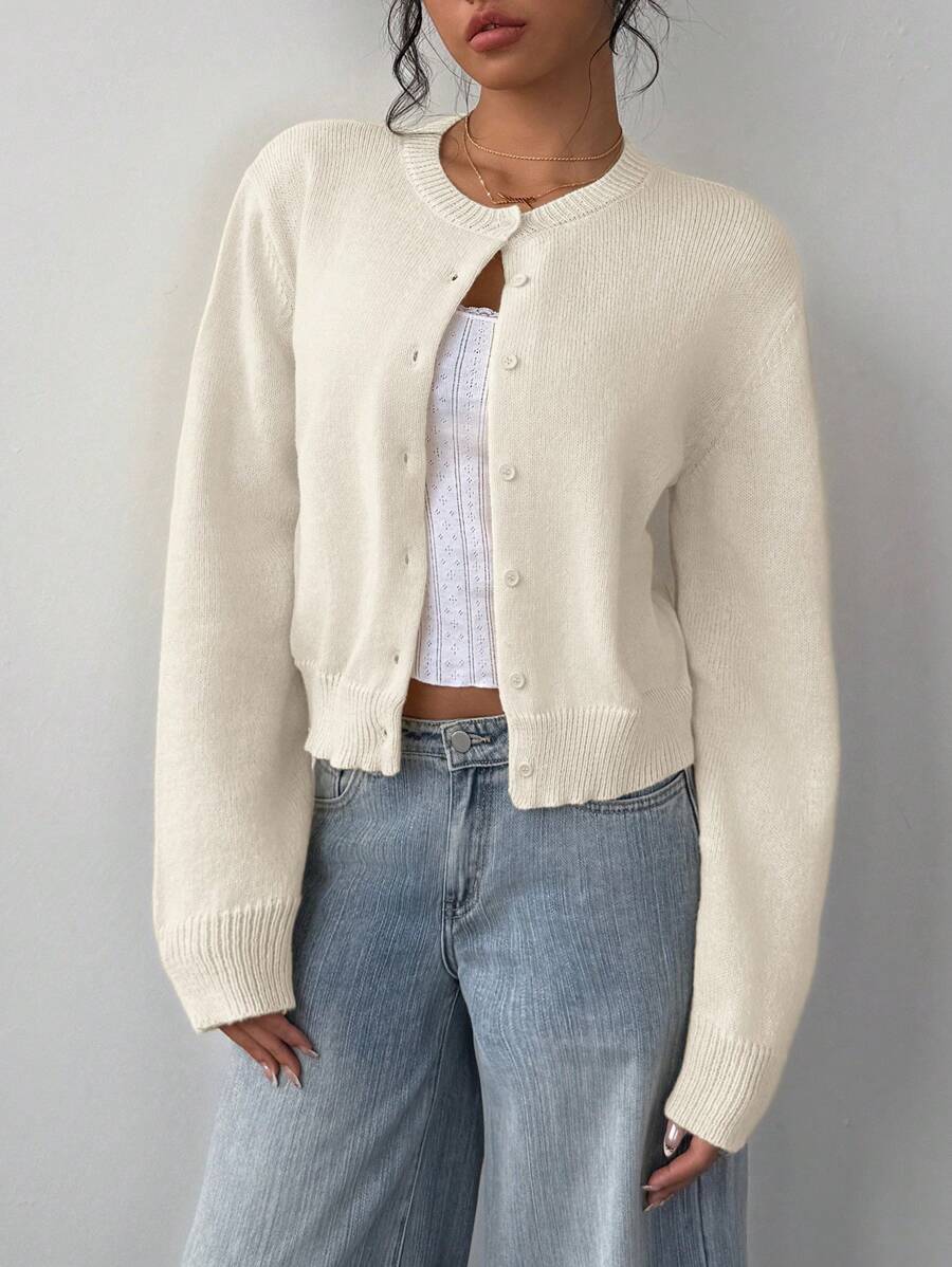 Round Neck Cropped Button Front Cardigan