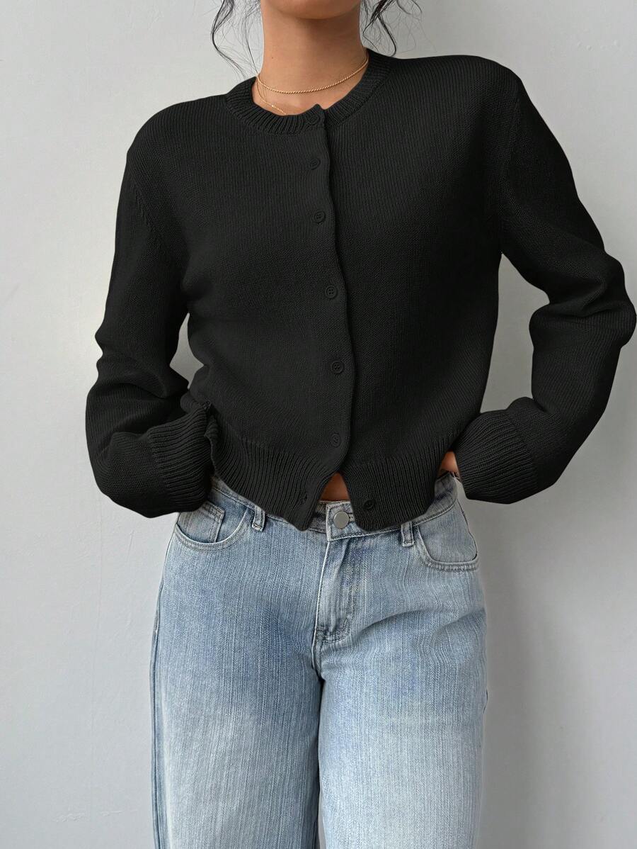 Round Neck Cropped Button Front Cardigan