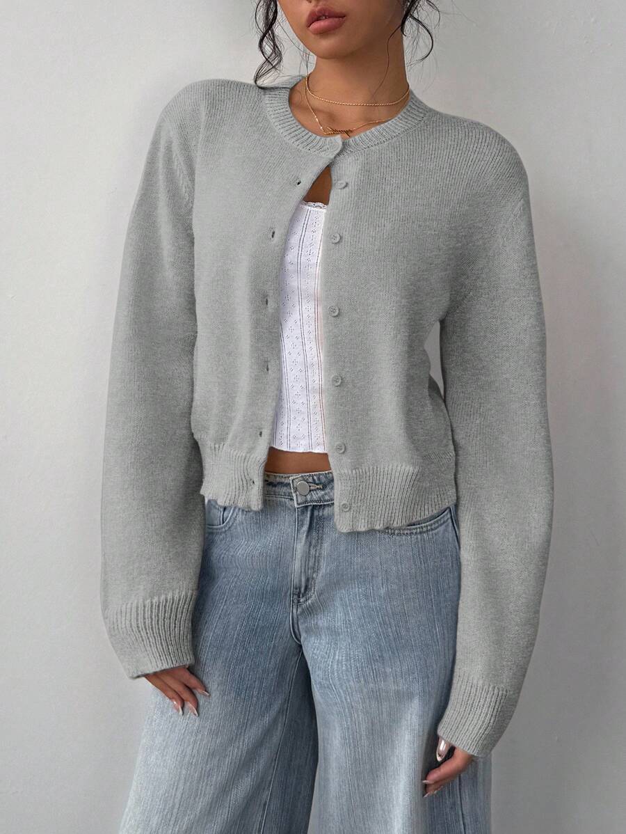 Round Neck Cropped Button Front Cardigan