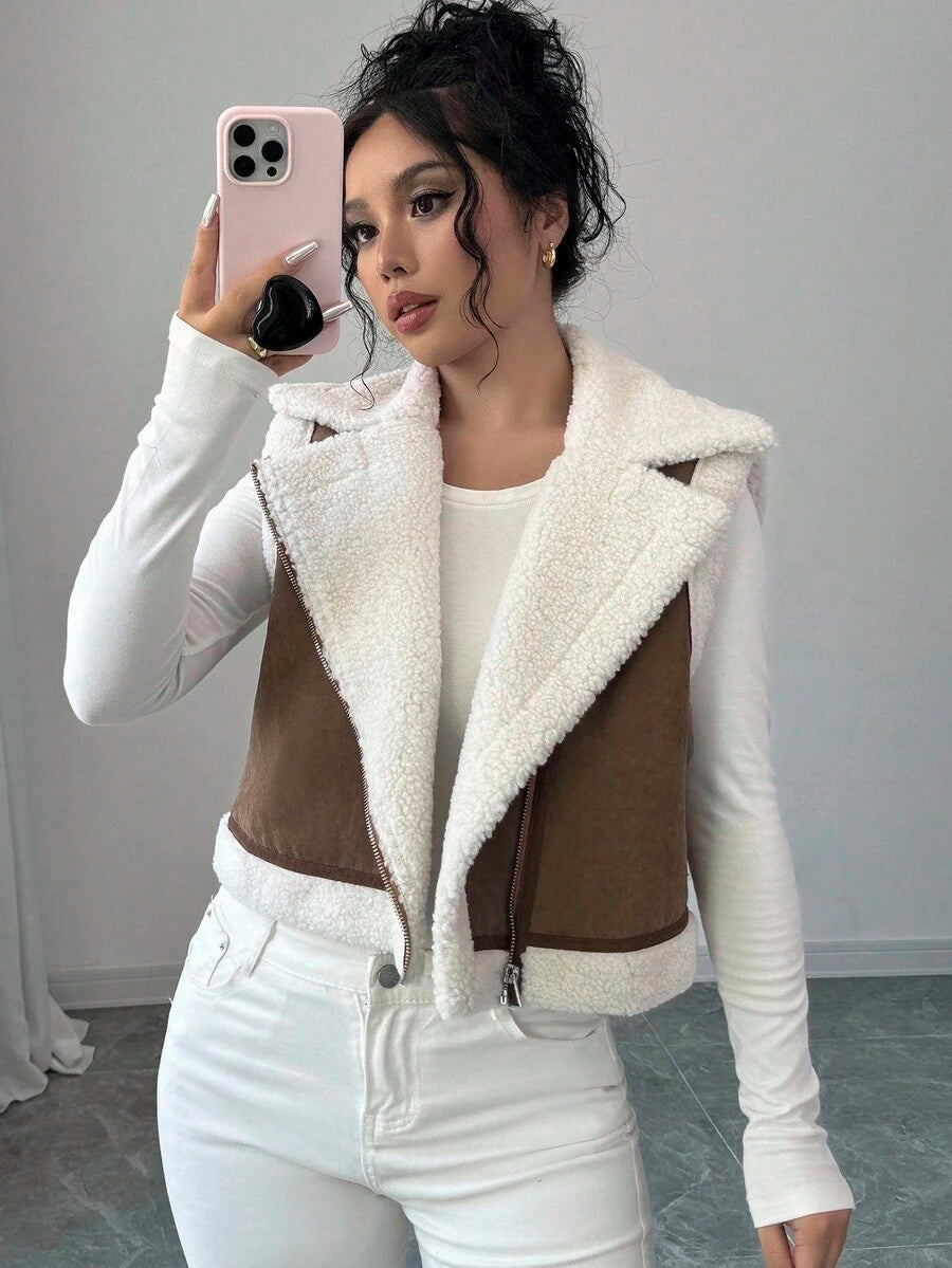 Shearling Collar Cropped Zip Front Gilet