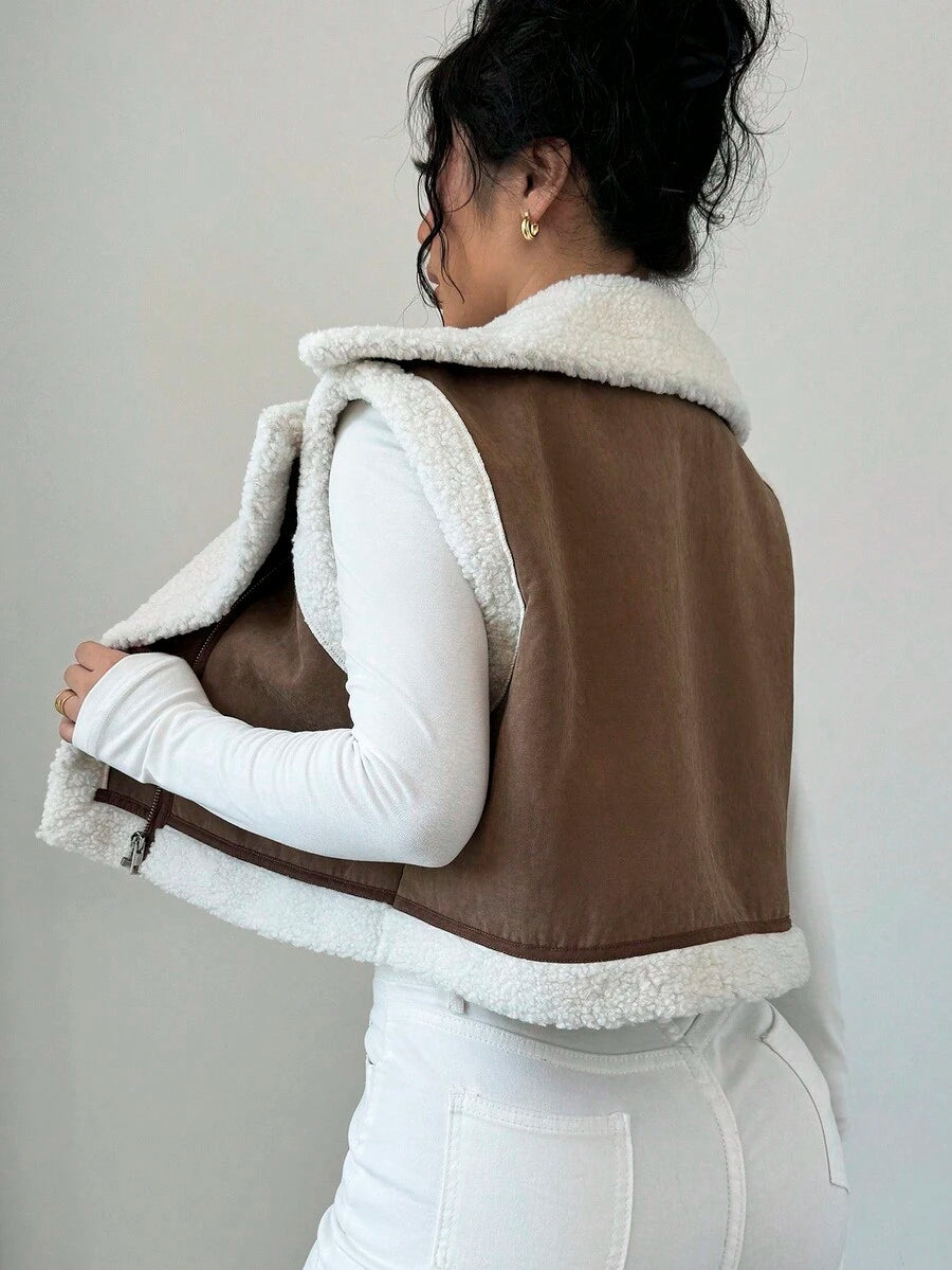 Shearling Collar Cropped Zip Front Gilet