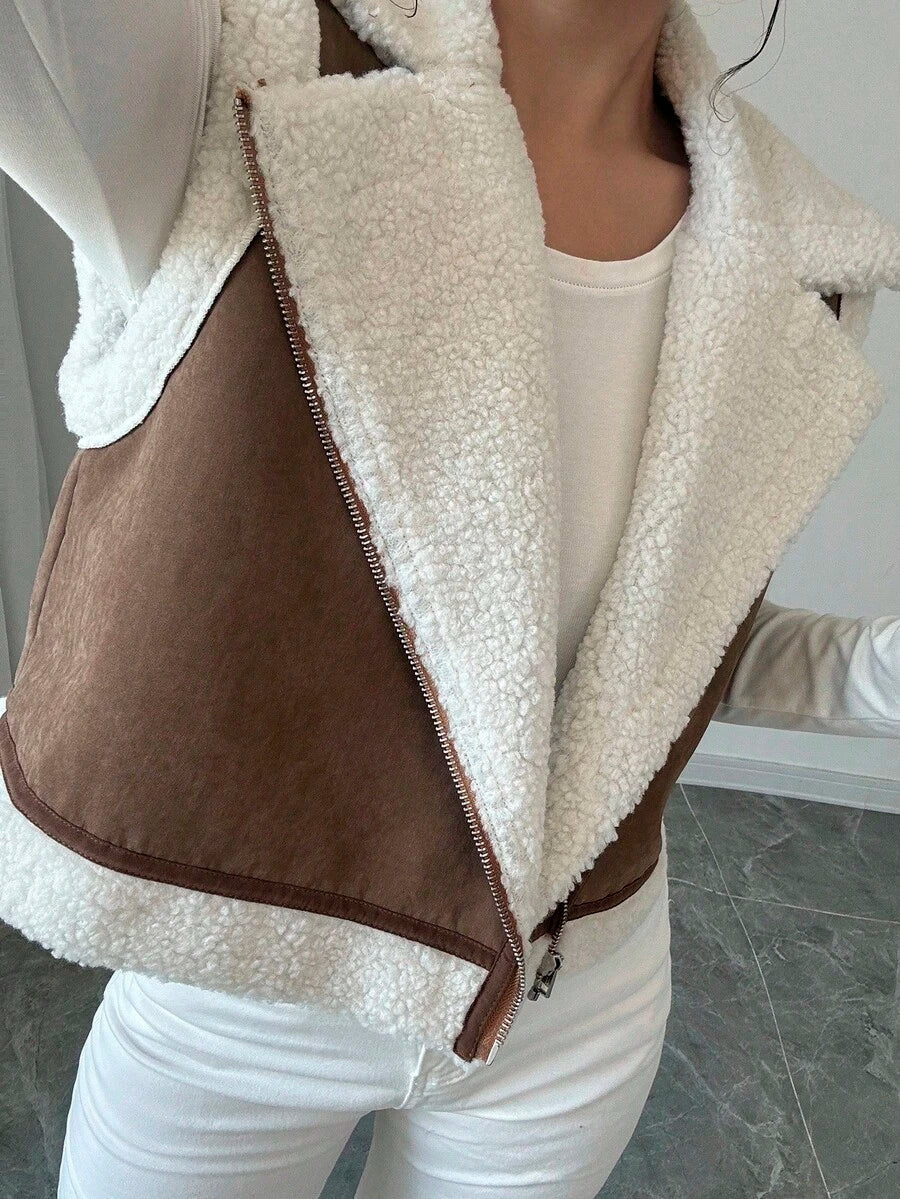 Shearling Collar Cropped Zip Front Gilet