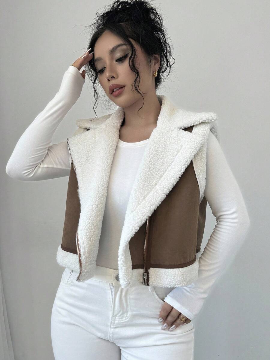 Shearling Collar Cropped Zip Front Gilet