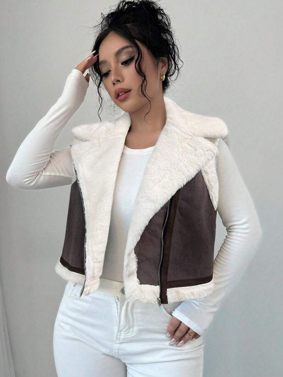 Shearling Collar Cropped Zip Front Gilet