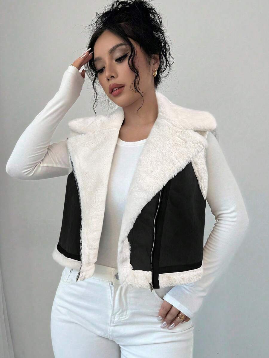 Shearling Collar Cropped Zip Front Gilet