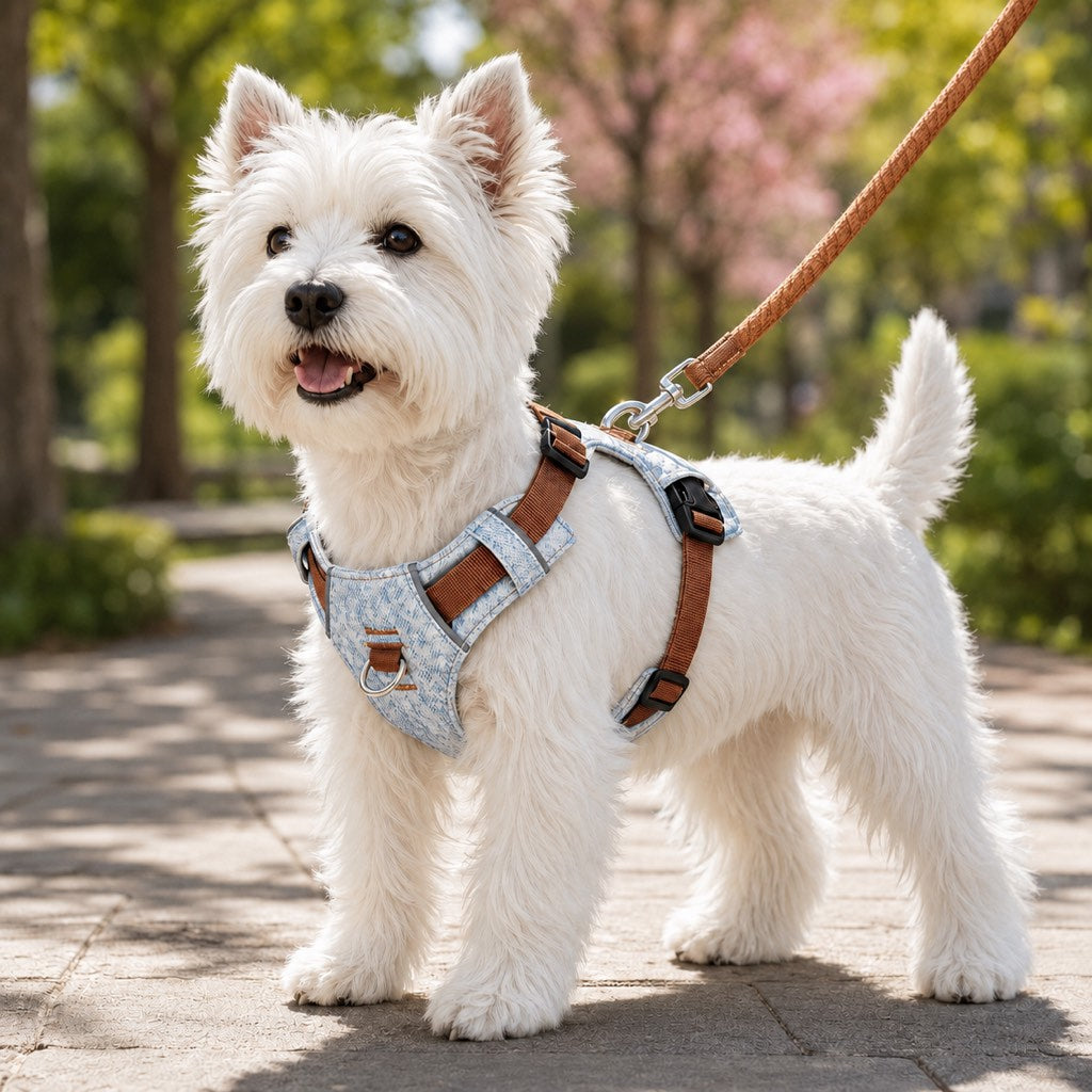 Vintage Denim No-Pull Dog Harness &5 ft Rope Leash Set - Soft Adjustable Vest for Everyday Walks, Better Control & Low-Light Visibility