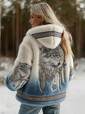 Women's Hooded Wolf Graphic Jacket, Long Sleeves, Patterned Trim