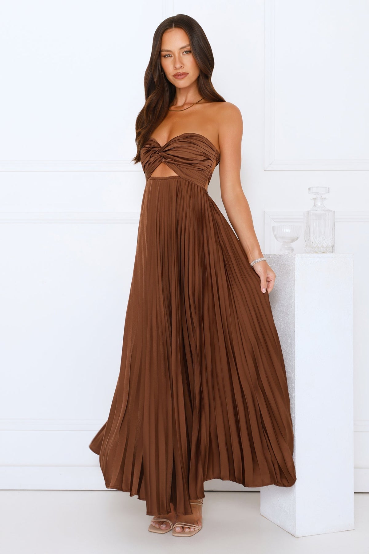 Strapless Pleated Satin Maxi Dress