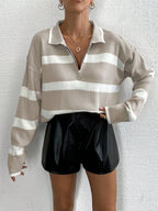 Striped Half Zip Pointed Collar Jumper