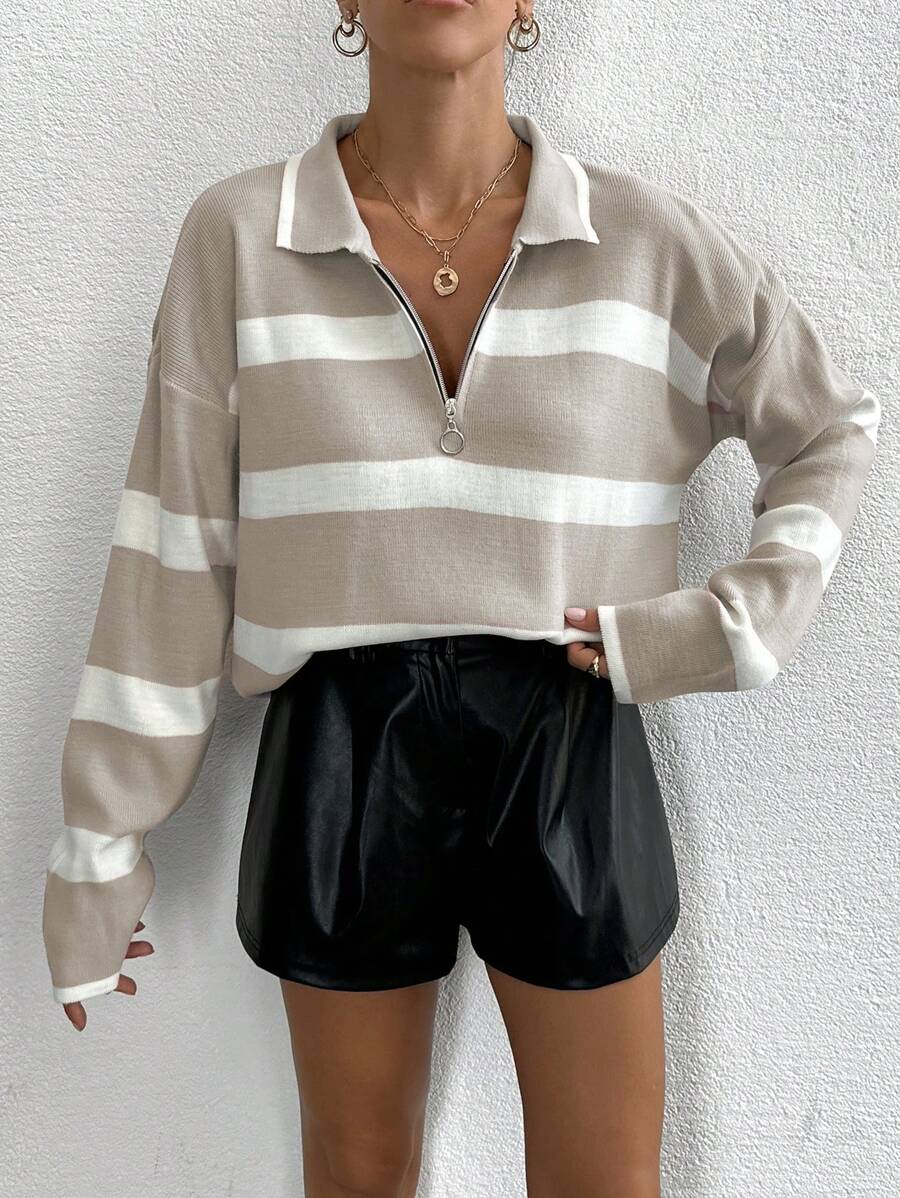 Striped Half Zip Pointed Collar Jumper