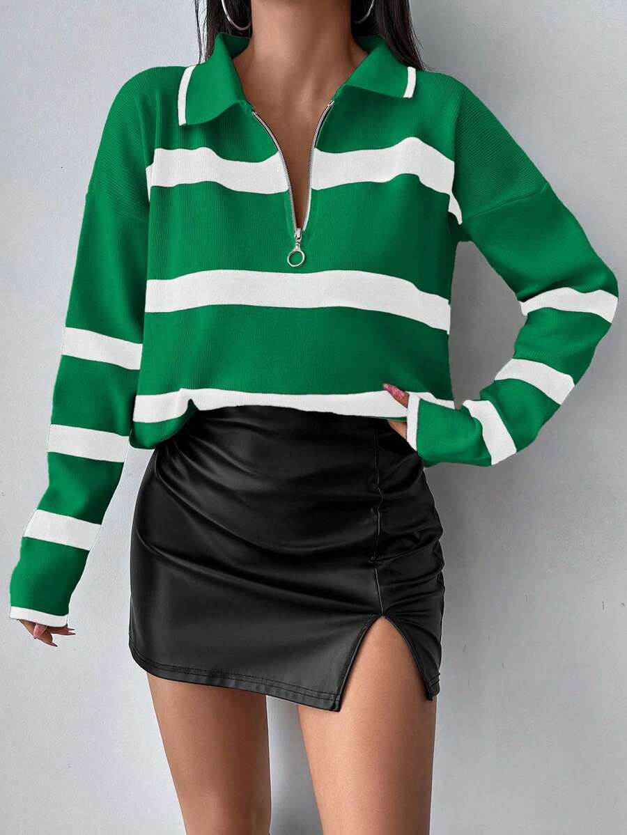 Striped Half Zip Pointed Collar Jumper