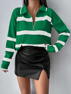 Striped Half Zip Pointed Collar Jumper
