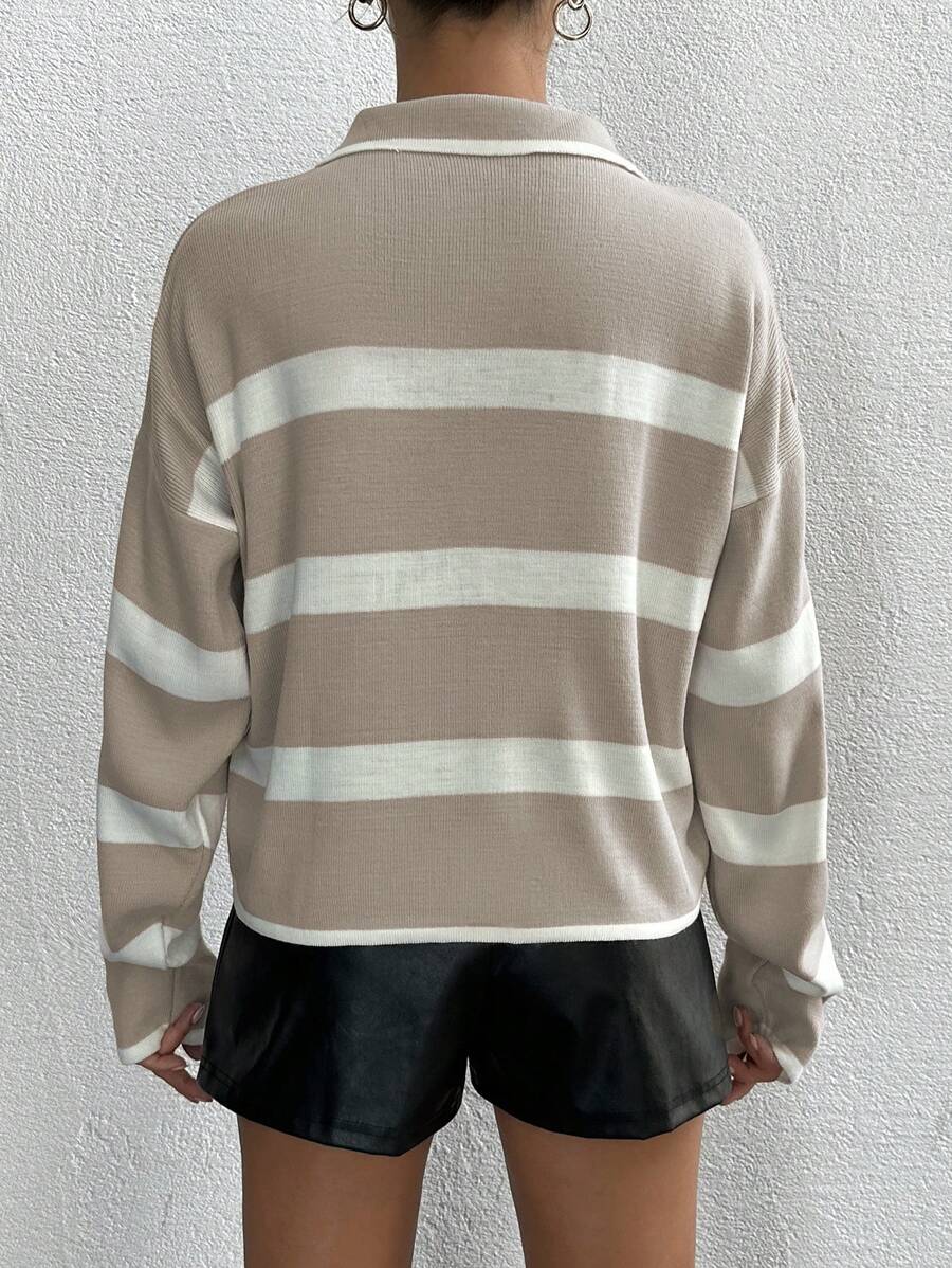 Striped Half Zip Pointed Collar Jumper