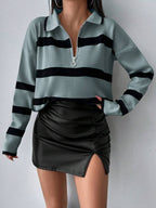 Striped Half Zip Pointed Collar Jumper